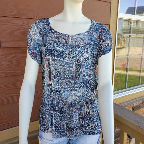 Esprit - Tie Waist Peplum Blouse - Blue and Coral Floral Patterned - Size 6 EUC - Picture 10 of 15